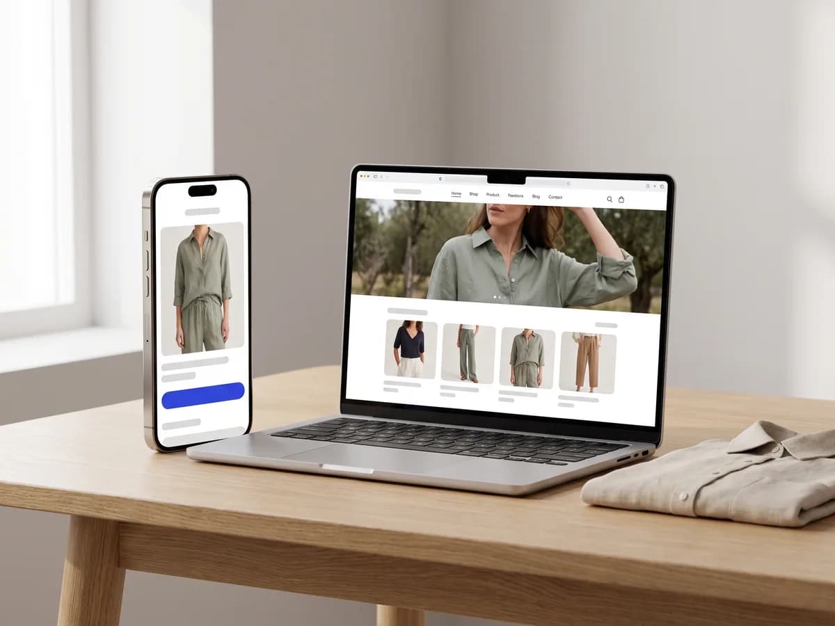Przykładowy sklep z odzieżą na laptopie i iPhonie 18 Pro